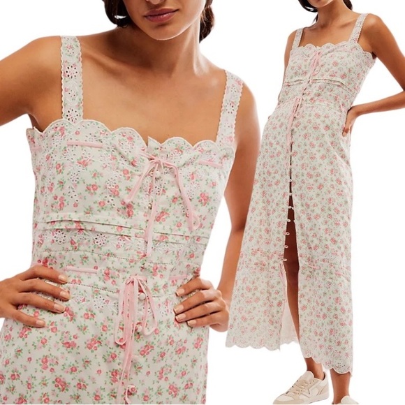 Praerie Brittany Pink Floral Lace Cottagecore Preppy Button Down Midi Dress L - Picture 1 of 10